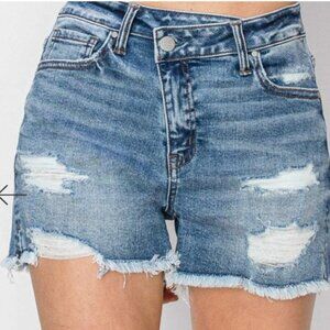 New Risen Stepped Waist Frayed Denim Shorts -Small